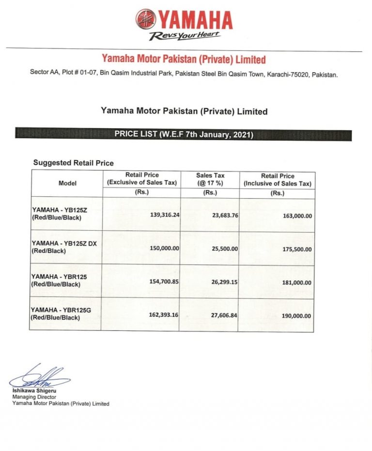 Yamaha Motor Pakistan new prices 2021